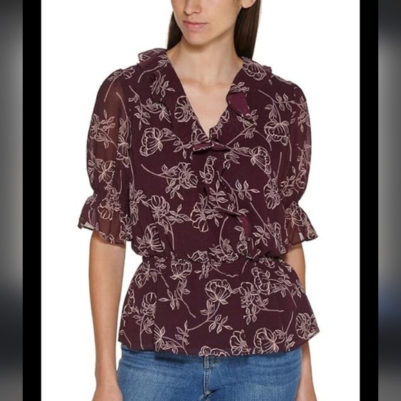 Calvin Klein Floral Blouse Small Women Ruffle Neck Short Flare Sleeves Boho - Picture 1 of 14